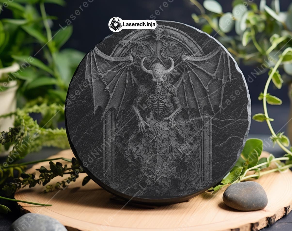 Gargoyle Throne Wings Horns Gothic Black White Laser Engraving