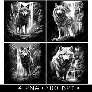 Wolf Alpha Wild Canine Predator Wasserfall Rock Canyon Laser Untersetzer Brennen Graustufen Schiefer PNG Bild Gravieren Schwarz Weiß Etch CO2 Cnc
