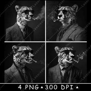 Könnte beinhalten: Eine Schwarzweiß-Fotocollage aus vier Bildern eines Geparden, der eine Sonnenbrille und einen Anzug trägt und eine Zigarette raucht.
