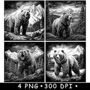 Escena de montaña de oso grizzly Nieve Ártico Invierno Marrón Posavasos Archivo láser Pizarra Grabado Grabado Negro Blanco PNG, Glowforge, LightBurn, CO2, xtool, Cnc