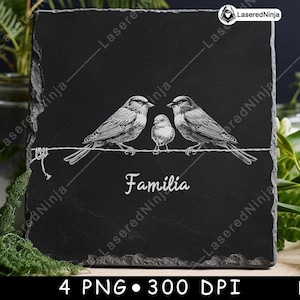 Pájaros Familia Amor Rústico Salvaje Signo Alambre Unidad Arte Archivo Láser Posavasos Quemar Escala de Grises Pizarra Imagen PNG Grabar Negro Blanco Grabado CO2 CNC