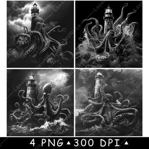 Lampe frontale de phare Kraken, tentacules de pieuvre géante, fichier laser de mer, sous-bock, gravure en niveaux de gris, ardoise, image PNG, gravure en noir et blanc, gravure CO2 Cnc