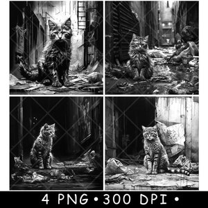 Gato callejero sin hogar, contenedor de basura, minino salvaje, gatito felino, archivo láser, posavasos, quemar, escala de grises, pizarra, imagen PNG, grabar, blanco y negro, grabado, CO2, CNC