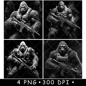 Tactical Gorilla Soldier Laser Engraving PNG Armed Silverback Commando Military Primate Rifle Design