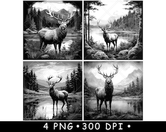 Bull Elk Lake Scene Black White Mountain Wildlife Printable Deer Laser Engraving Image