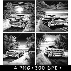May include: Four black and white images of a classic car driving on a beach road with palm trees in the background. The car is a 1950s Chevrolet Bel Air.