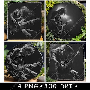 Guitare électrique Rockstar, artiste rock and roll, fichier laser, sous-verre, ardoise en niveaux de gris, image PNG, gravure en noir et blanc, gravure CO2 CNC