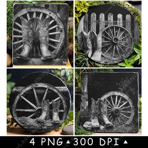 Rustiek hek cowboylaarzen Vintage West wagen wagenwiel laserbestand onderzetter branden grijstinten leisteen PNG-afbeelding graveren zwart wit etsen CO2 CNC