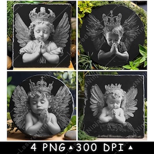 Cherubino Bambino Ali d'Angelo Corona Preghiera Posa Figura Celeste File Laser Sottobicchiere Brucia Scala di Grigi Ardesia Immagine PNG Incisione Nero Bianco Incisione CO2 Cnc