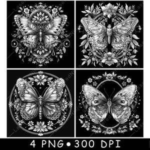 以下が含まれることがあります： 複雑な花のデザインが施された蝶の白黒デジタルイラスト4点。それぞれの蝶は、花と葉の円形の枠で囲まれています。