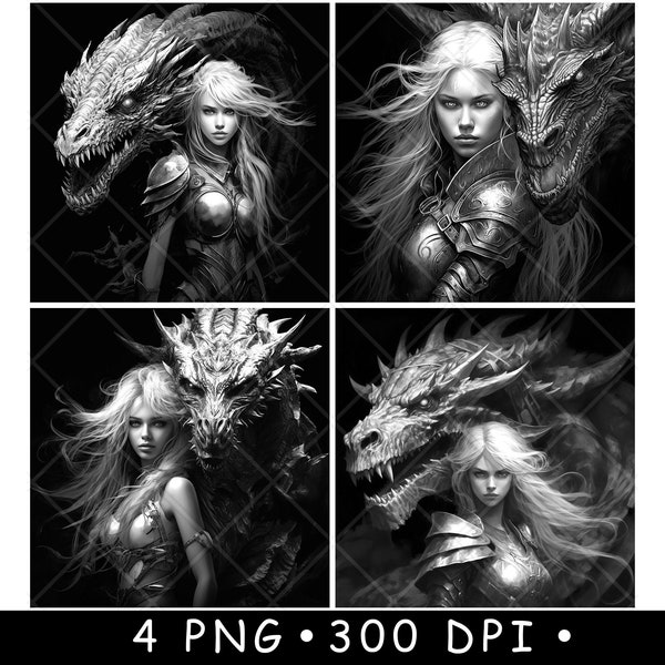 Female Dragon Warrior Princess Drache Thrones Coaster Game Laser File Slate Etch Engrave Black White PNG Images,Glowforge,LightBurn,CO2,Cnc