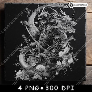 Samurai Dragon Warrior Japanese Katana Serpent Battle Art Laser File Coaster Burn Grayscale Slate PNG Image Engrave Black White Etch CO2 Cnc