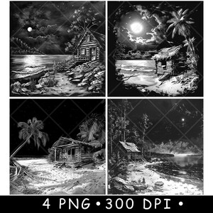 Scena di spiaggia in legno di una baita, cottage in legno, vita sull'isola, file laser, sottobicchiere, bruciatura in scala di grigi, ardesia, immagine PNG, incisione in bianco e nero, incisione CO2 CNC