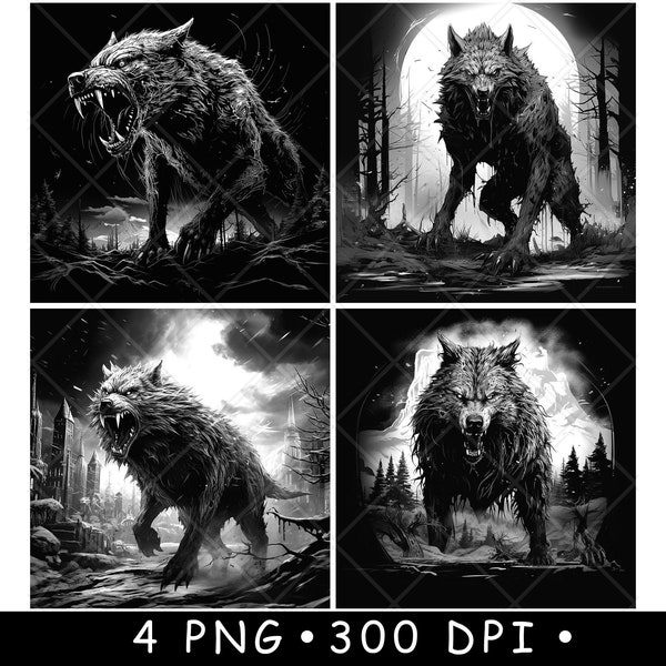 Apocalyptic Werewolf Winter Wasteland Scene Angry Beast Laser File Coaster Burn Grayscale PNG Image Engrave Black White Slate Etch CO2 Cnc