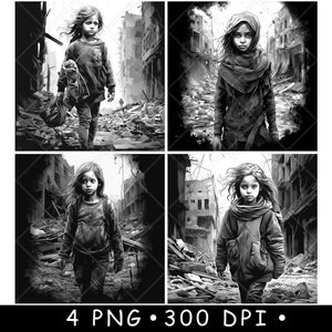 Niña sin hogar Ciudad destruida Huérfano Niño de la calle Archivo láser Posavasos Quemar Escala de grises Pizarra Imagen PNG Grabar Blanco y negro Grabado CO2 Cnc