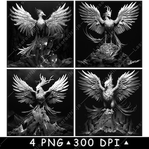 Phoenix oiseau magique oiseau de feu mythe grec montagnes russes volantes fantastiques fichier laser graver en niveaux de gris image PNG graver noir blanc ardoise gravure CO2 Cnc
