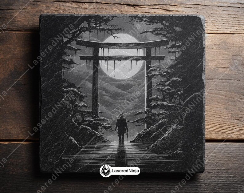 Samurai Torii Gate Giapponese Sacro Ninja Assassino Gateway Sottobicchiere Laser Brucia in scala di grigi Immagine PNG Incidere File in bianco e nero Slate Etch CO2 Cnc immagine 7