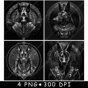 May include: Four black and white digital illustrations of a dog wearing a pharaoh's headdress and jewelry. The dog is surrounded by a circular design with an eye in the center.