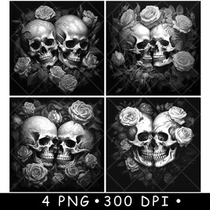 Puede incluir: Cuatro ilustraciones digitales en blanco y negro de dos cráneos entrelazados con rosas. Los cráneos se miran y tienen detalles intrincados. Las rosas están en plena floración y tienen un aspecto realista.