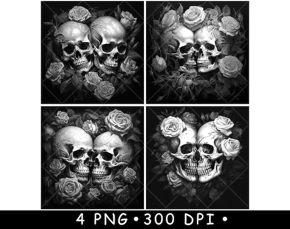 Skull Couple Roses Collection Romantic Skeleton Pair Black White Gothic Laser Engraving Design Set