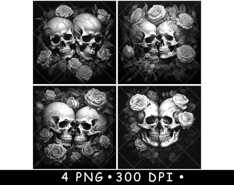 May include: Four black and white digital illustrations of two skulls intertwined with roses. The skulls are facing each other and have intricate details. The roses are in full bloom and have a realistic appearance.