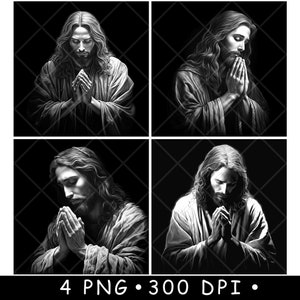 Pode incluir: Uma ilustração digital em preto e branco de uma pessoa com cabelo comprido e barba, rezando com as mãos juntas.