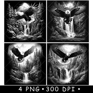 Bald Eagle Bird Patriot Wild Waterfall Wing Scene Laser PNG Slate Coaster Etch Wood burn Black White Cnc,Glowforge,LightBurn,CO2 Diode,xtool