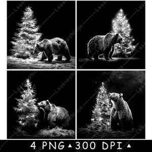 Ours grizzli, arbre de Noël, lumières festives, louveteau à feuilles persistantes sous-verre fichier laser gravure en niveaux de gris ardoise image PNG gravure noir blanc gravure CO2 Cnc