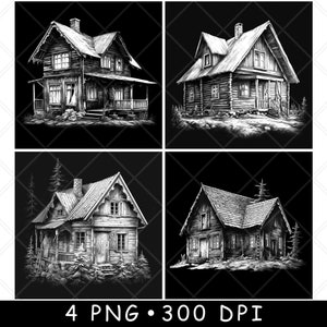 Blokhut huis vintage oud rustiek toevluchtsoord landelijk wonen laserbestand onderzetter branden grijstinten leisteen png-afbeelding graveren zwart wit etsen CO2 cnc
