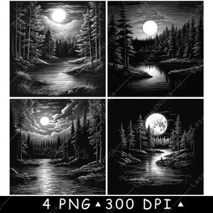 Foresta Fiume sinuoso Voyageurs Park Bosco Pini Luna Laser File Sottobicchiere Brucia Scala di grigi Ardesia Immagine PNG Incisione Nero Bianco Incisione CO2 CNC