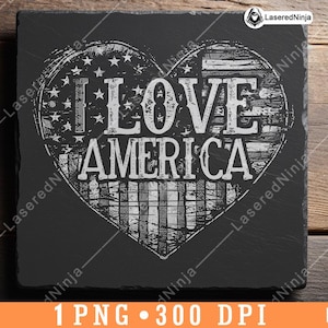 Bandeira americana Eu amo o presente patriótico em forma de coração americano Arquivo a laser Coaster Burn Grayscale Slate PNG Imagem Gravar Preto Branco Gravar CO2 Cnc