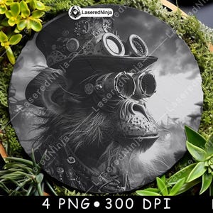 Singe steampunk anthropomorphe chimpanzé victorien lunettes fichier laser sous-verres graver en niveaux de gris ardoise image PNG graver noir blanc gravure CO2 Cnc