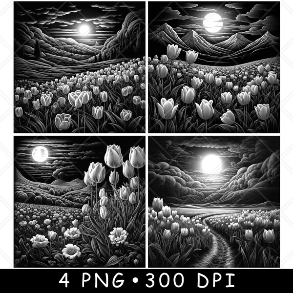 Tulips Bloom Landscape Field Spring Flower Art Scene Coaster Laser File Slate Etch Engrave Black White PNG Image,Glowforge,LightBurn,CO2,Cnc