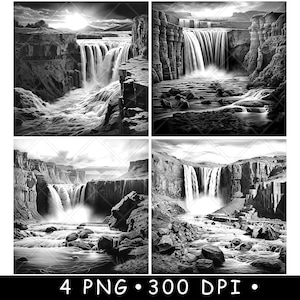 May include: Four black and white images of a waterfall cascading over a rocky cliff. The images are arranged in a grid pattern.