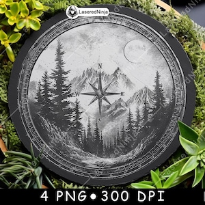 Brújula, montaña, bosque, árboles, navegación, viajes, trekking, GPS, archivo láser, posavasos, quemar, escala de grises, pizarra, imagen PNG, grabar, negro, blanco, grabado, CO2, CNC
