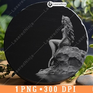 Meerjungfrau Rock Sitzen Meeresgeschöpf Sirene Wassermensch Fantasie Laser Untersetzer Brennen Graustufen Schiefer PNG Bild Gravieren Schwarz Weiß Etch CO2
