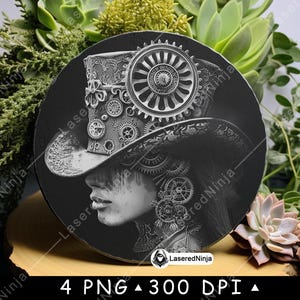 Steampunk cilinderhoed mechanische tandwielen tandwielen Victoriaanse mode laserbestand onderzetter branden grijstinten leisteen PNG-afbeelding graveren zwart wit etsen CO2 CNC