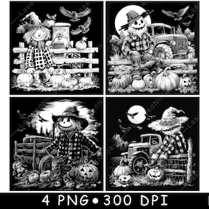 May include: Black and white digital art featuring four square compositions with scarecrows, pumpkins, and vintage vehicles. Each scene has a different scarecrow design, with pumpkins and crows. The text "4 PNG • 300 DPI" is at the bottom.