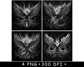 Phoenix Fire Bird Myth Legend Creature Flame Scene Coaster Laser File Slate Etch Engrave Black White PNG,Images,Glowforge,LightBurn,CO2,Cnc