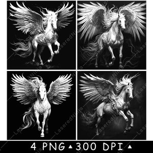 Cheval ailé Pégase Étalon magique Équine mythe Conte de fées Fichier laser sous-bock graver en niveaux de gris Ardoise Image PNG Gravure noir blanc Etch CO2 Cnc