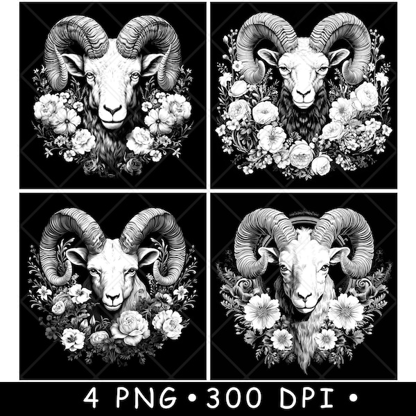Ram Bighorn Sheep Head Floral Aries Zodiac Horns Coaster Laser File Slate Etch Engrave Black White PNG Images,Glowforge,LightBurn,CO2,Cnc
