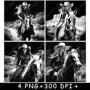 Cowgirl western wilde westen ruiter ruiter Desert Canyon laserbestand onderzetter branden grijswaarden leisteen PNG-afbeelding graveren zwart wit etsen CO2 CNC