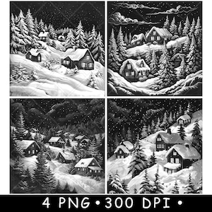 Collina Notte Neve Inverno Natale Pini Paesaggio Laser File Sottobicchiere Brucia Scala di grigi Immagine PNG Incisione Nero Bianco Ardesia Incisione CO2 Cnc