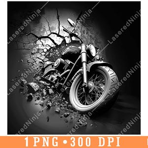 May include: Black and white image of a motorcycle with a cracked asphalt background. The motorcycle is in focus and the background is blurred.