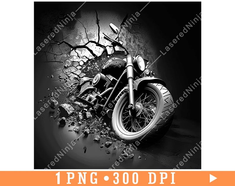 May include: Black and white image of a motorcycle with a cracked asphalt background. The motorcycle is in focus and the background is blurred.
