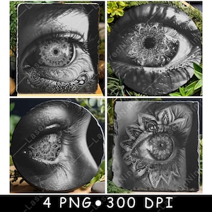Peut inclure: Quatre fichiers graphiques numériques en noir et blanc représentant des illustrations détaillées d'yeux humains avec des motifs de mandala complexes dans les iris. Les designs incluent deux compositions carrées et deux circulaires en 300 DPI.