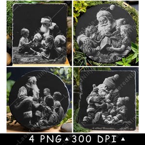 Kerstman Spelende kinderen Vrolijk kerstfeest Winter december Laserbestand Onderzetter Branden grijstinten leisteen PNG-afbeelding Graveren Zwart Wit Etsen CO2 CNC