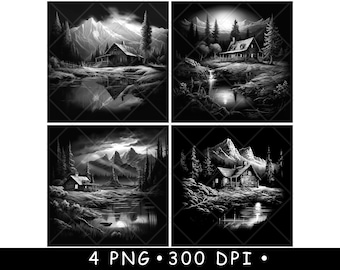 Rustic Log Cabin Lake Cottage Swamp Mountain Wood Laser PNG Slate Coaster Etch Wood burn Black White Cnc,Glowforge,LightBurn,CO2 Diode,xtool