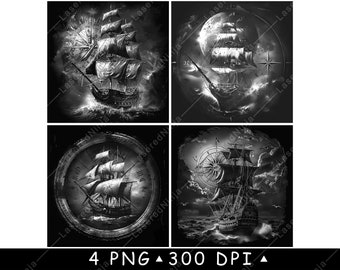 Piratskeppskompass Galleon Vikingaslagskepp Karibien Laserfil Coaster Bränna Gråskala Skiffer PNG Bild Gravera Svart Vit Etsning CO2 CNC