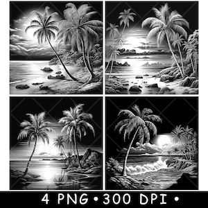 May include: Four black and white digital illustrations of palm trees on a beach with a sunset or sunrise in the background.